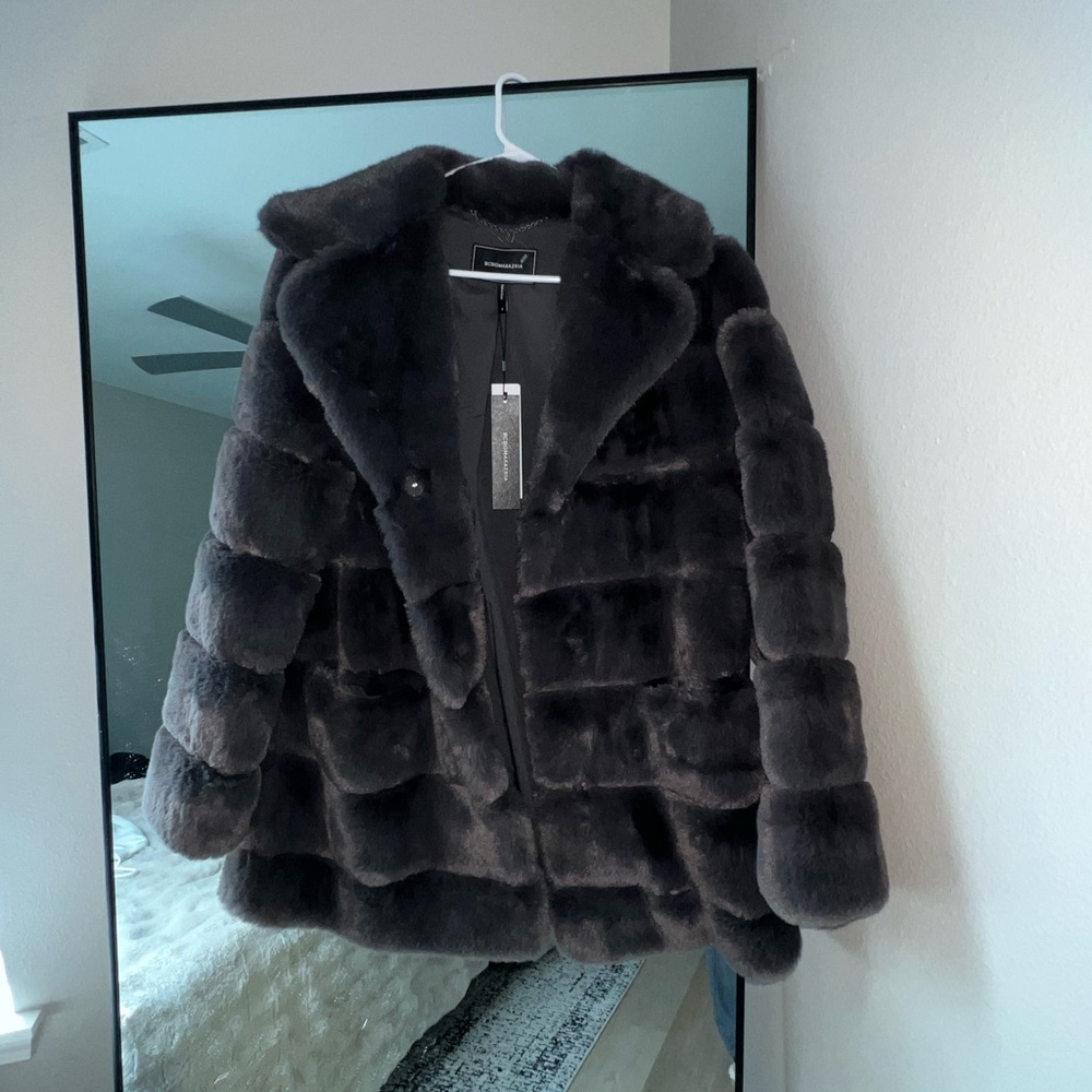 NWT BCBG Fur Coat in Charcoal